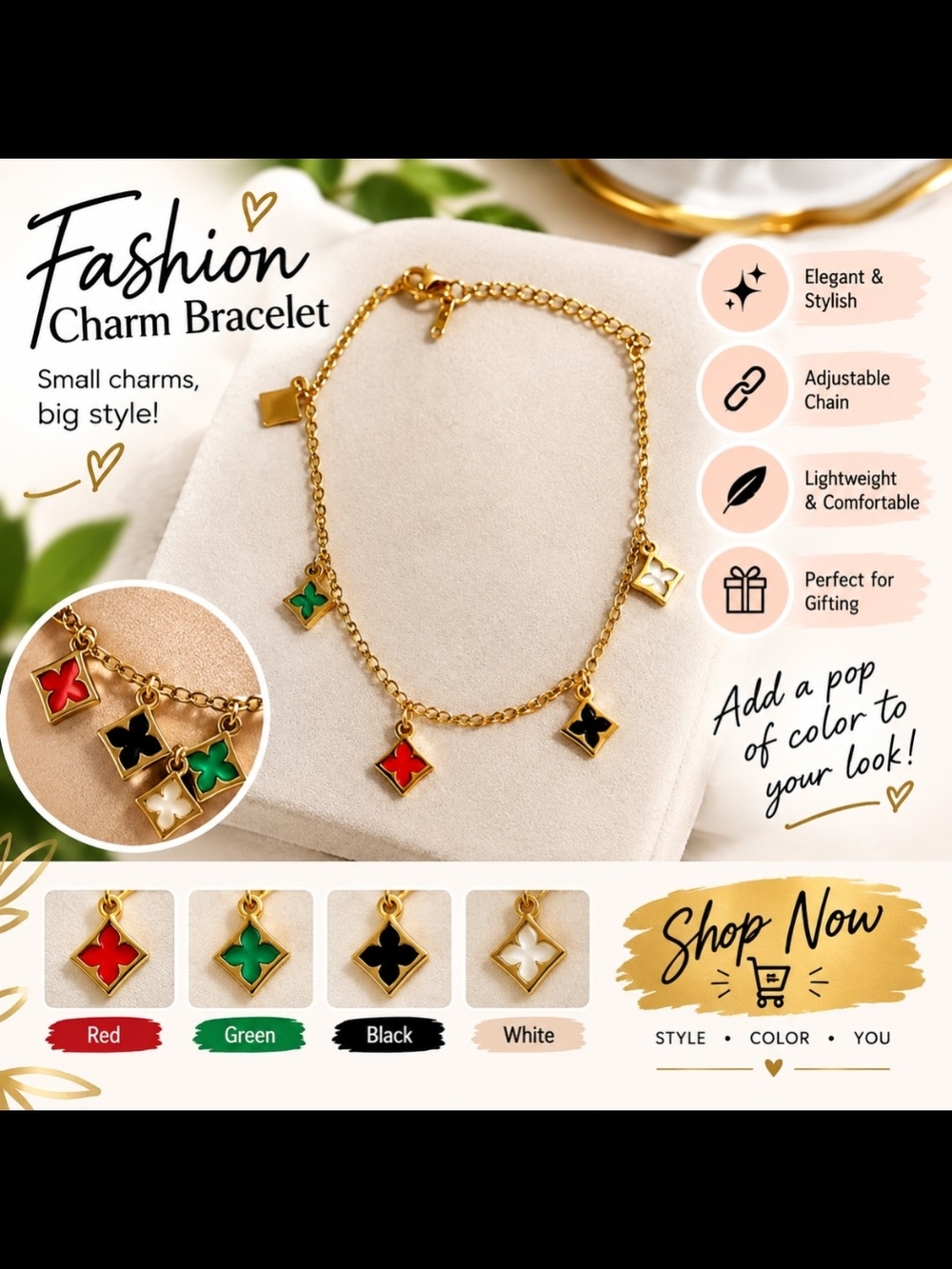 Gold Charm Bracelet with Red, Green, Black & White Enamel Squares